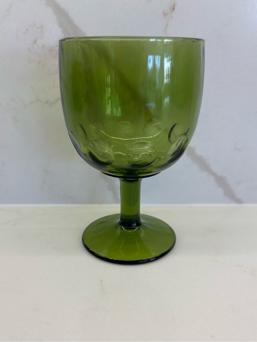 Vintage Bartlett Collins Avocado Green Thumbprint Coin Dot Stemmed Goblet Glass